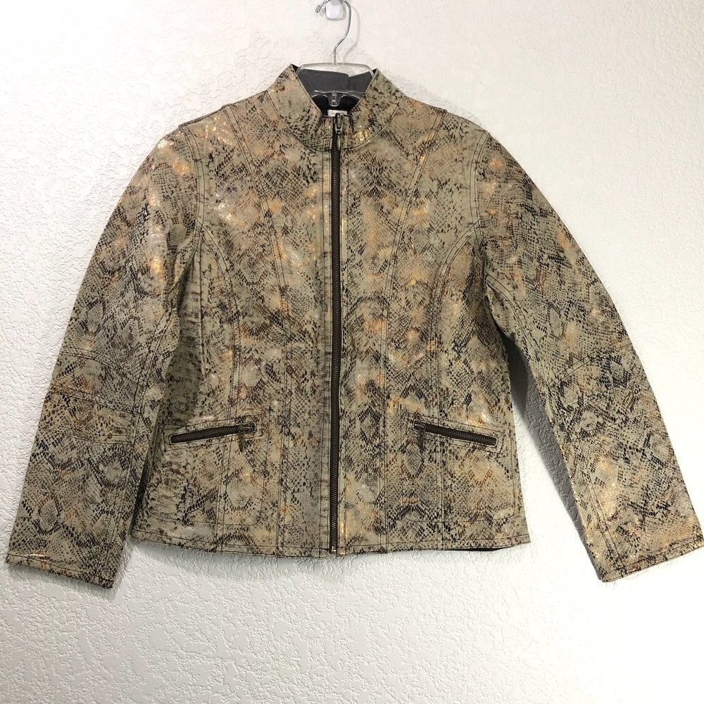 Chico's Gold and Brown Leather Reversible Mob Wife Jacket
